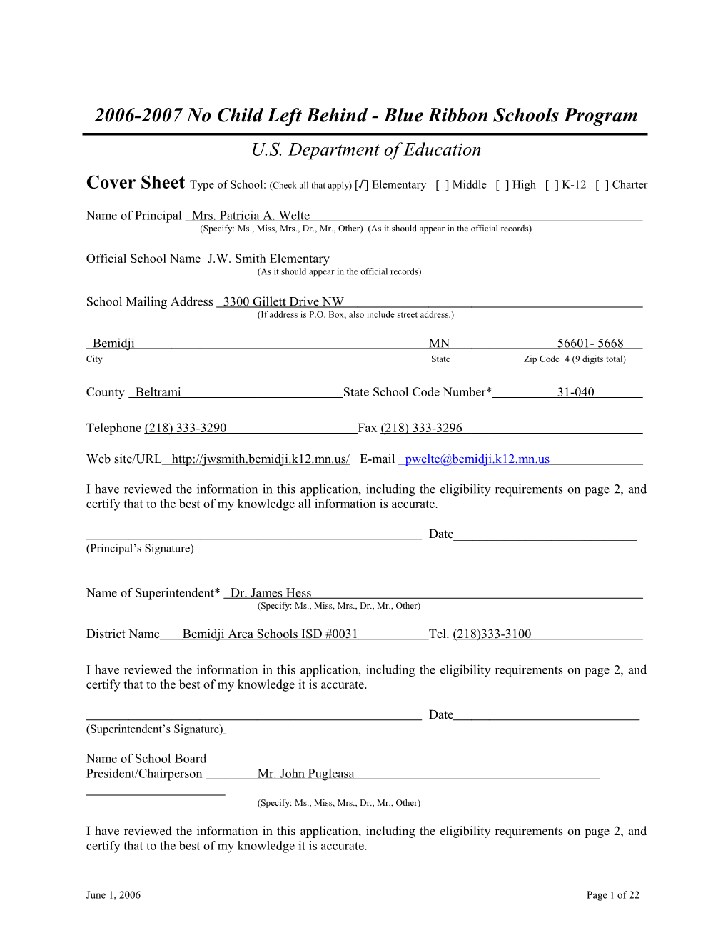 Application: 2006-2007, No Child Left Behind - Blue Ribbon Schools Program (MS Word) s12