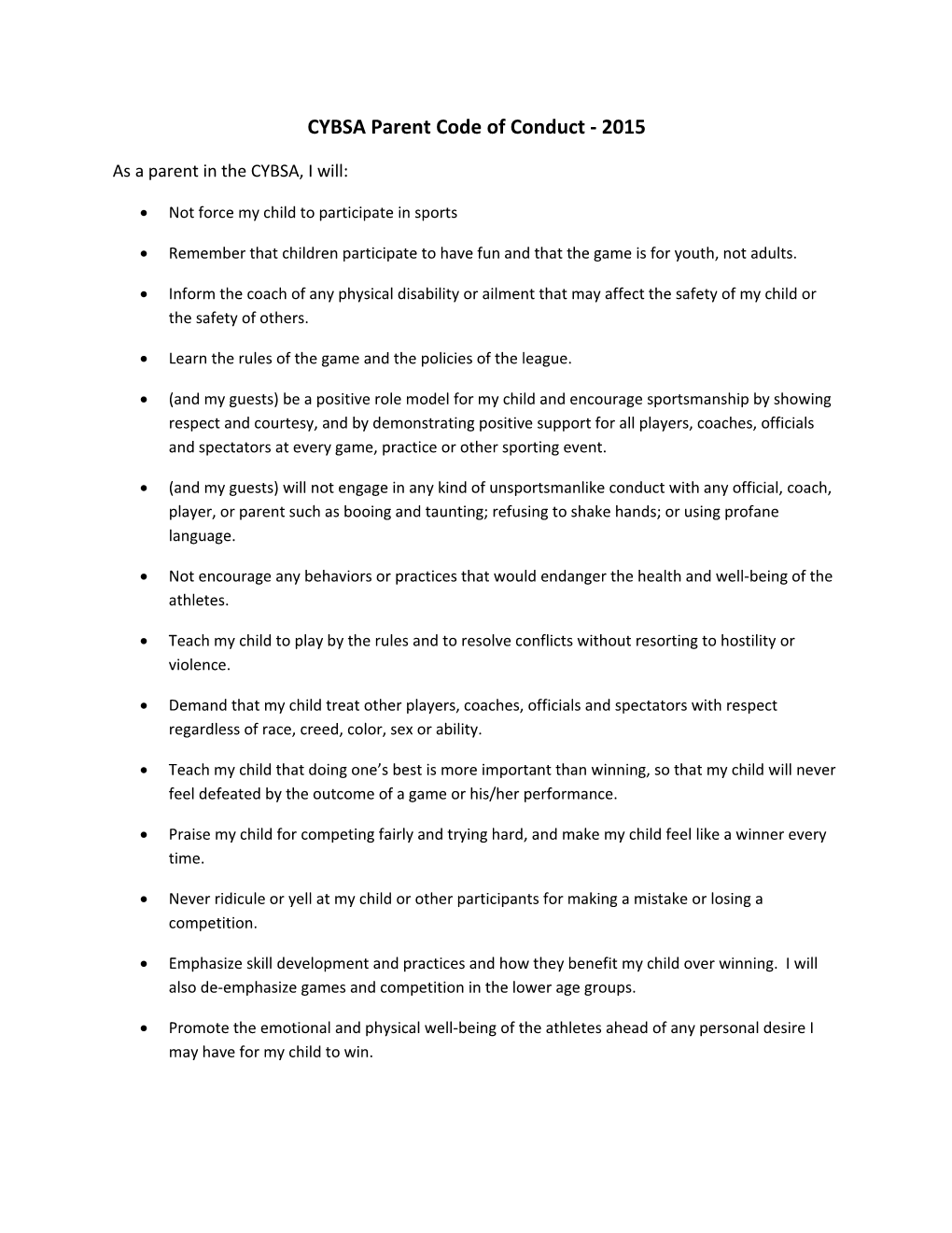 CYBSA Parent Code of Conduct - 2015
