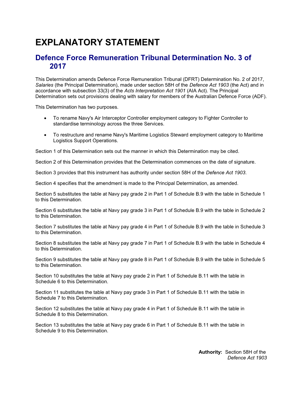 Defence Force Remuneration Tribunal Determination No. 3 of 2017