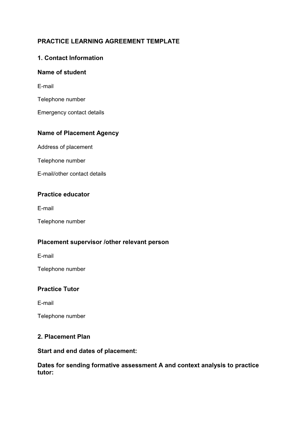 Practice Learning Agreement Template