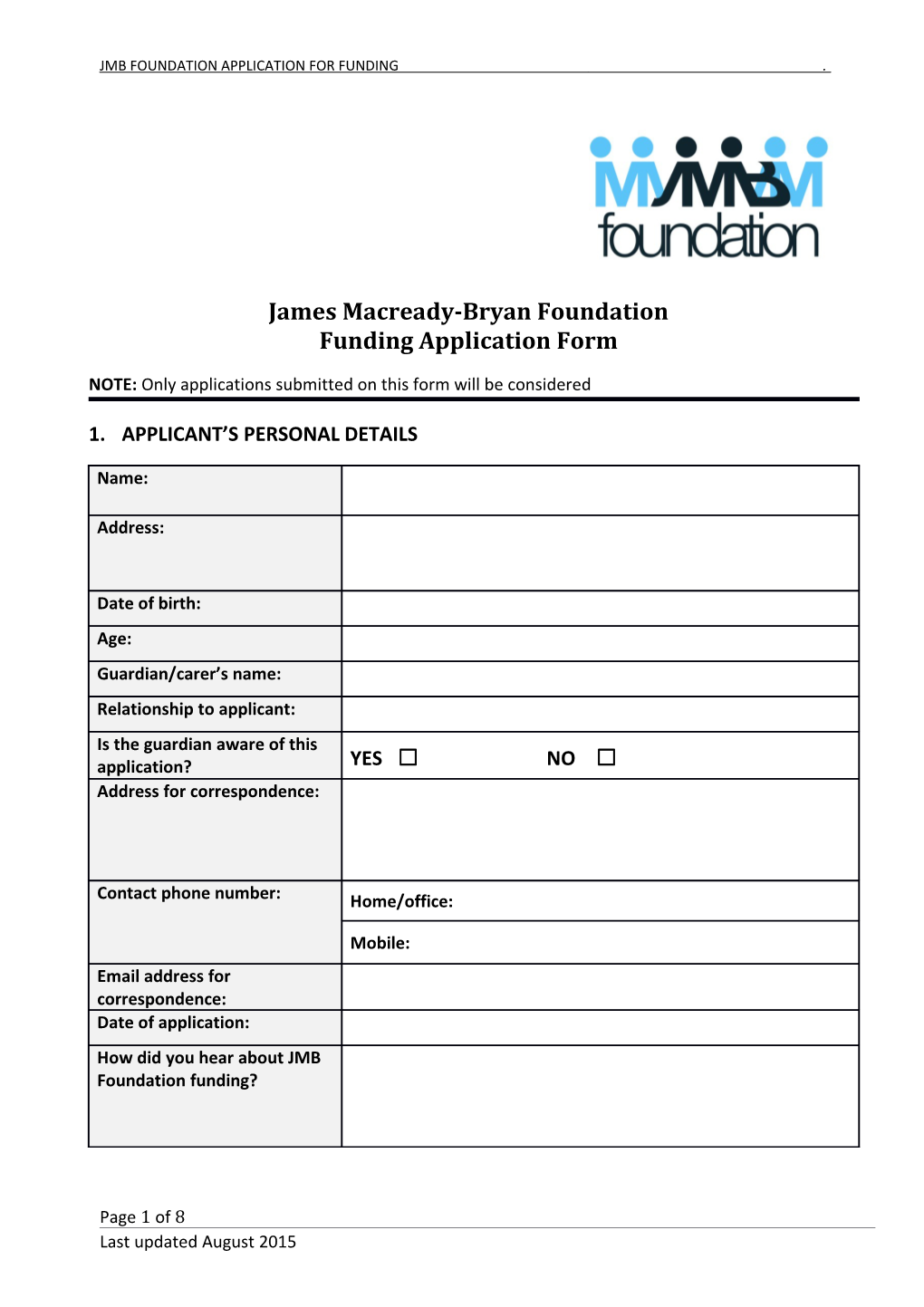 Jmb Foundation Application for Funding