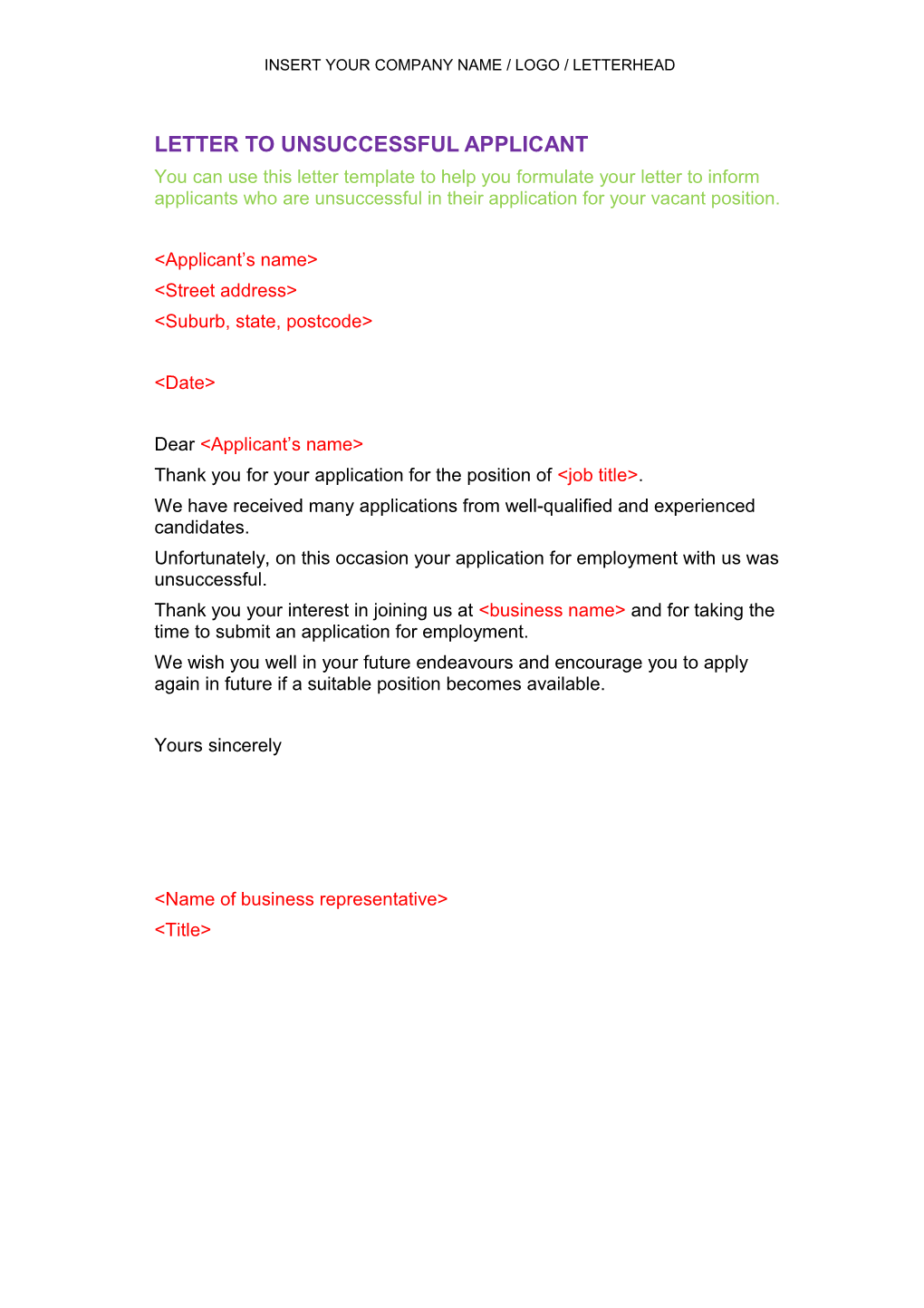 Letter To Unsuccessful Applicant Template