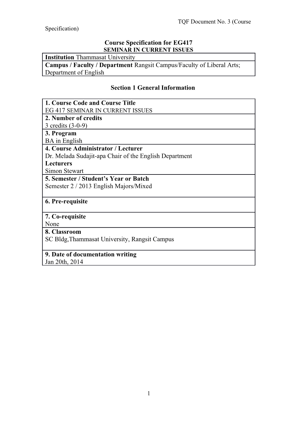 TQF Document No. 3 (Course Specification)