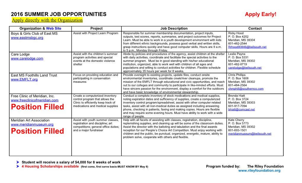 2007 Summer Job Opportunities