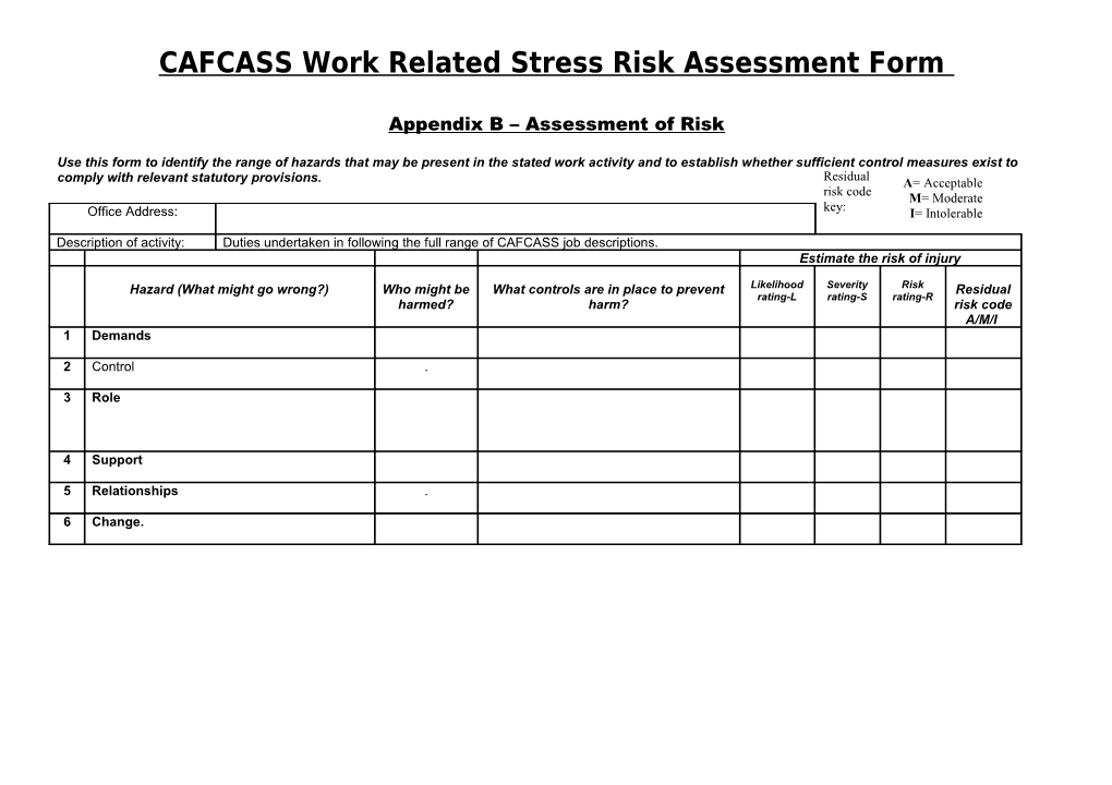 Work Related Stress Risk Assessment Form - Appendix B
