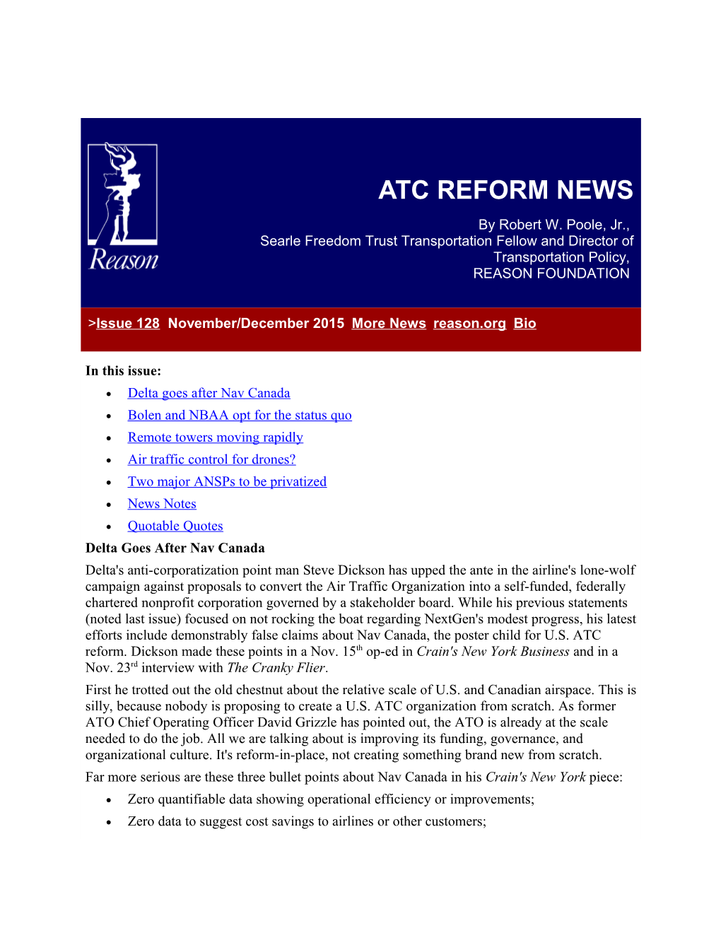 ATC REFORM NEWS by Robert W. Poole, Jr., Searle Freedom Trust Transportation Fellow And