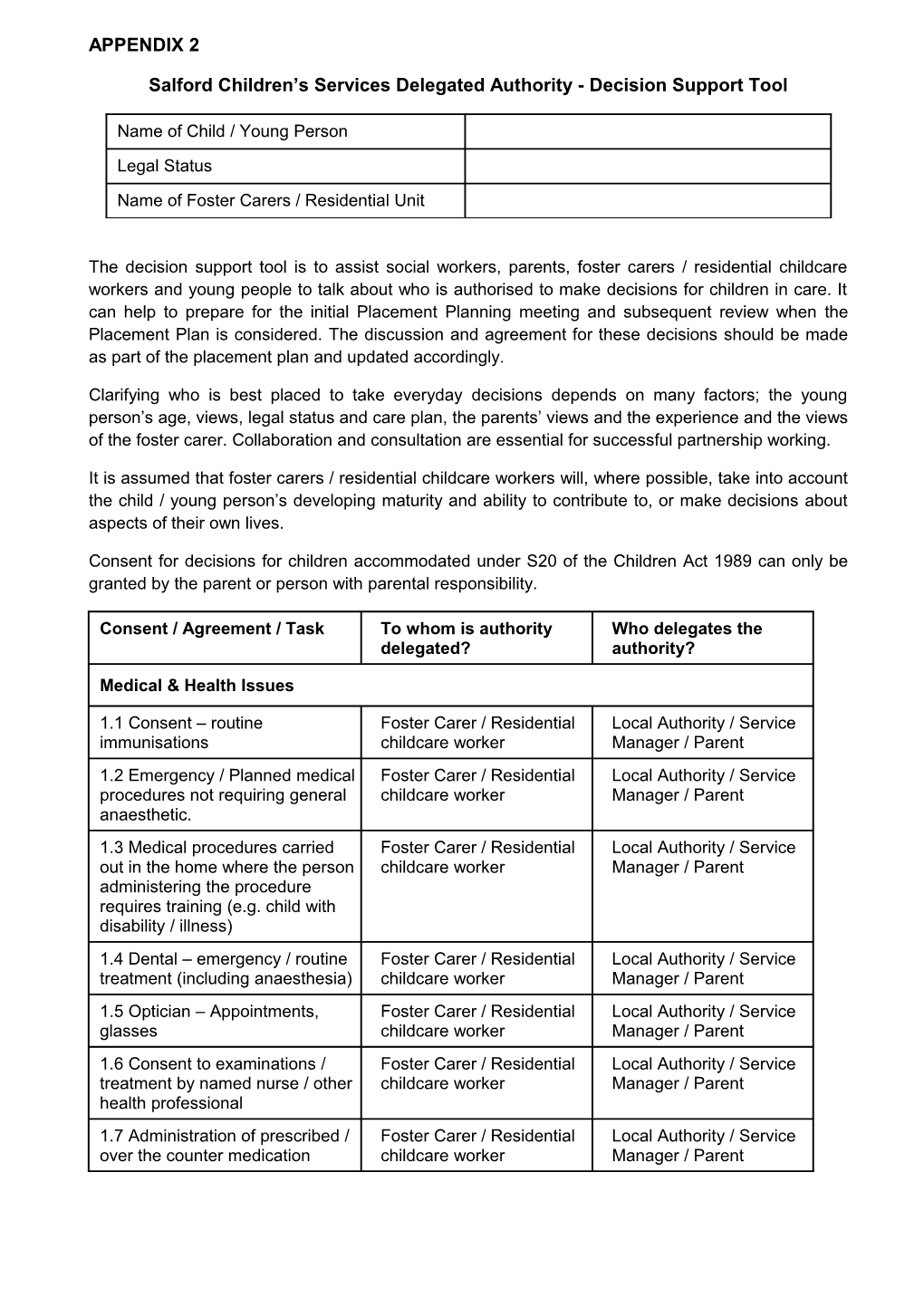 Salford Children S Services Delegated Authority - Decision Support Tool