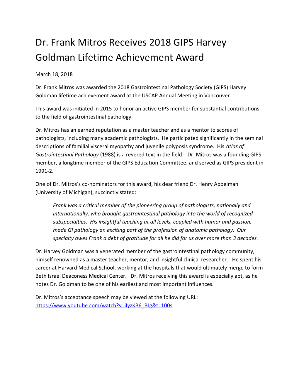 Dr. Frank Mitros Receives 2018 GIPS Harvey Goldman Lifetime Achievement Award