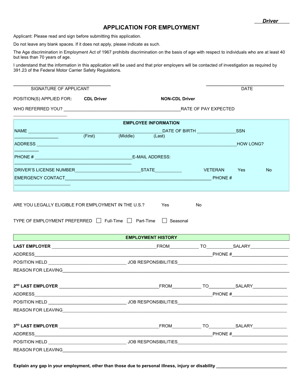 Application for Employment s85