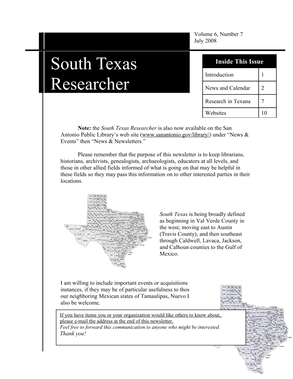 Note: the South Texas Researcher Is Also Now Available on the San Antonio Public Library