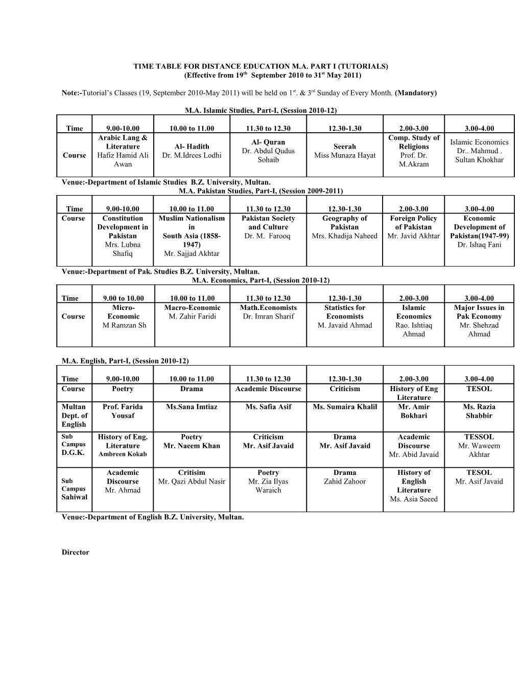 Time Table for Distance Education M