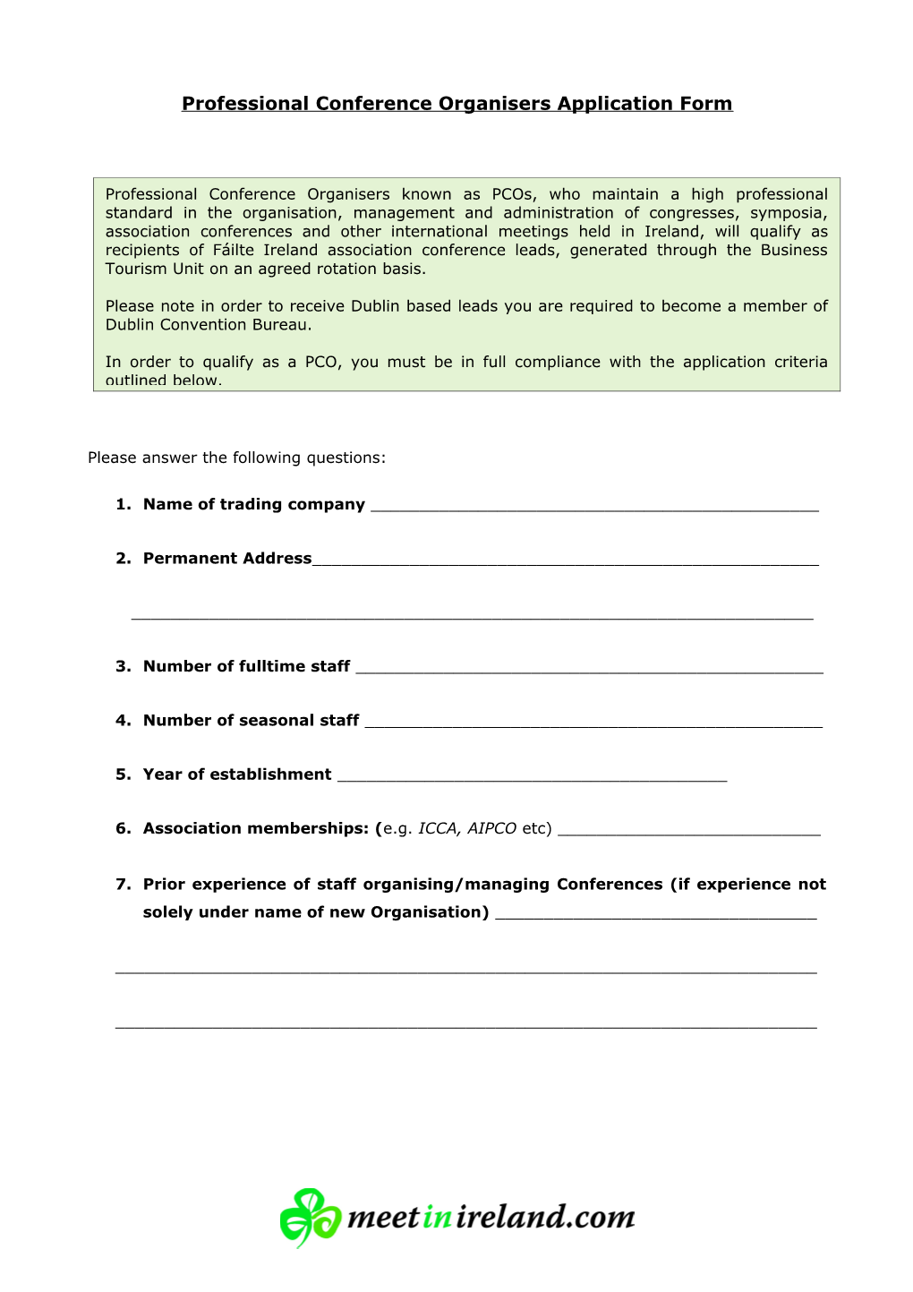 Professional Conference Organisers Application Form