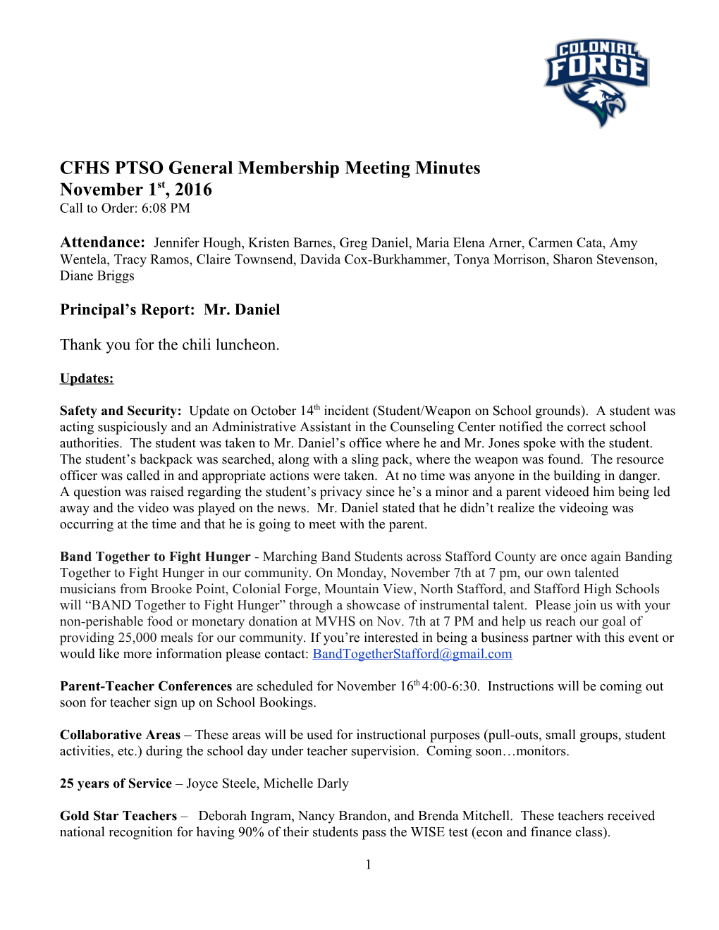 CFHS PTSO General Membership Meeting Minutes
