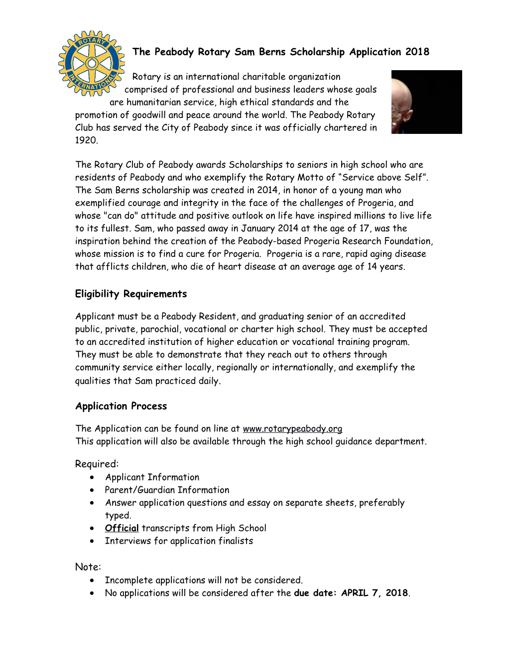 The Peabody Rotary Sam Berns Scholarship Application 2018