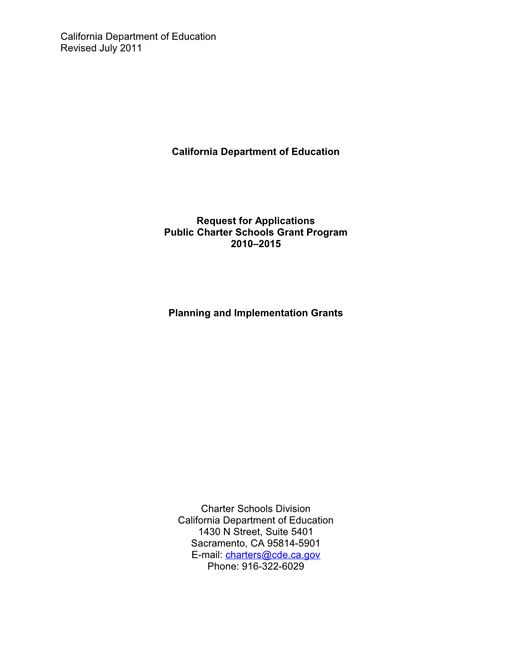 RFA-11: Public Charter Schools Grant Program (CA Dept of Education)