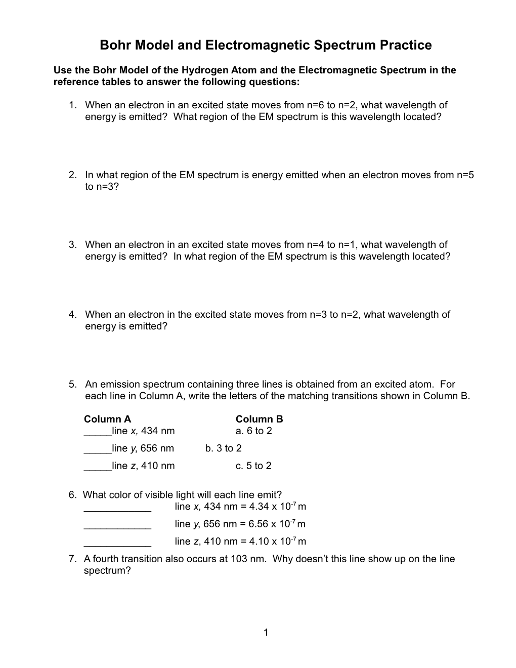 Bohr Model and Electromagnetic Spectrum Practice