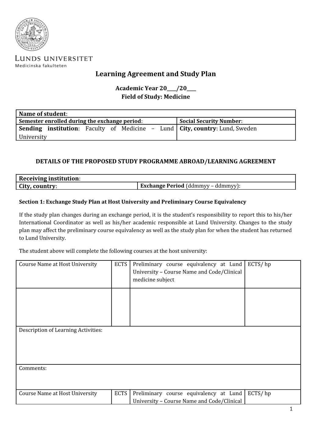 Learning Agreement and Study Plan