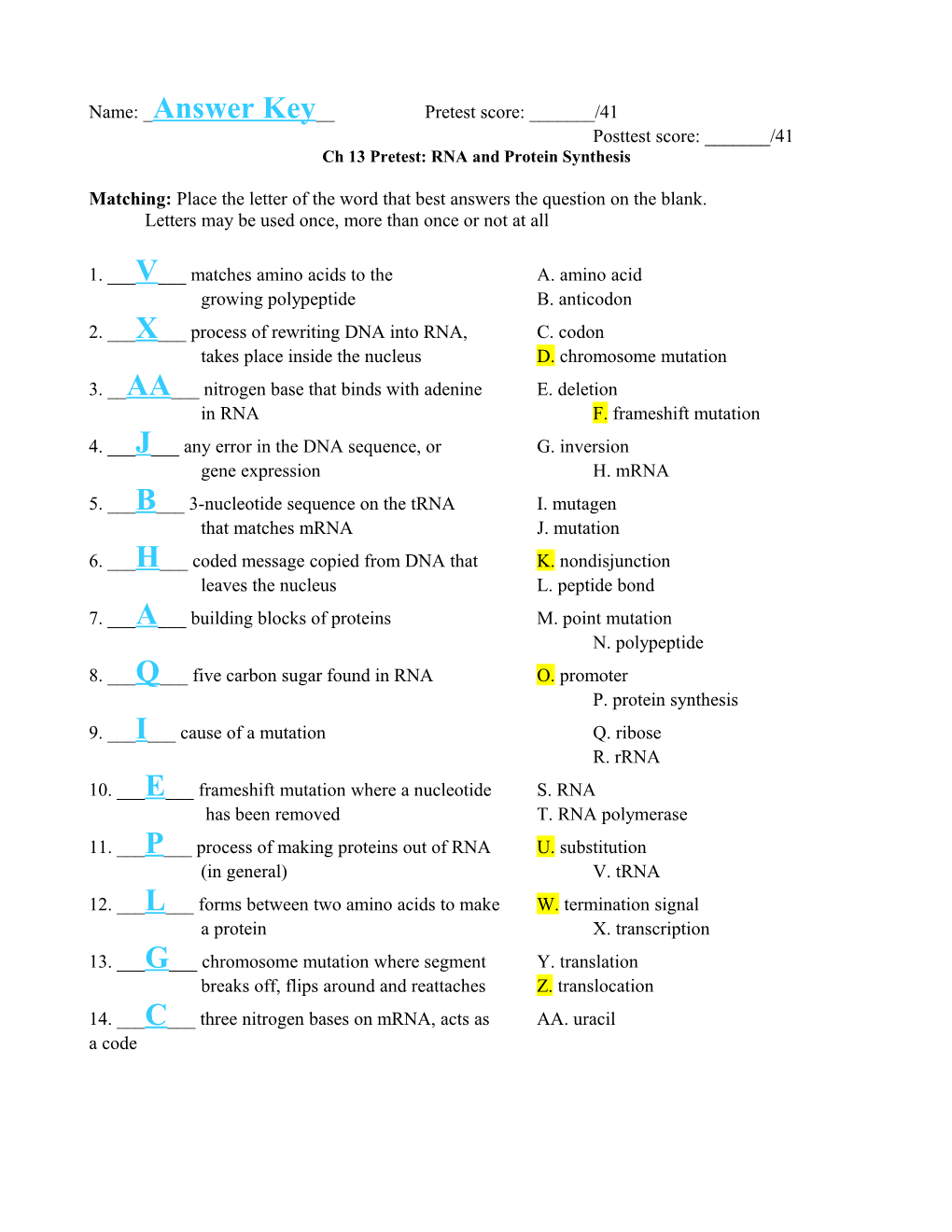 Name: Answer Key__ Pretest Score: ______/41