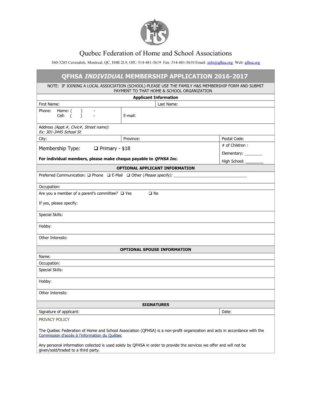 Qfhsa Membership Application 2010-2011