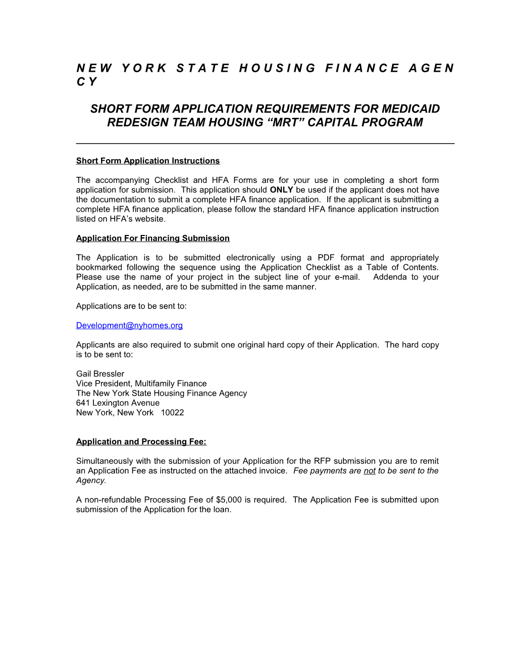 Short Form Application Requirements for Medicaid Redesign Team Housing Mrt Capital Program