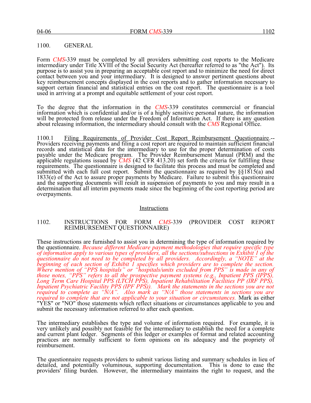 1102. Instructions for Form Cms-339 (Provider Cost Report Reimbursement Questionnaire)