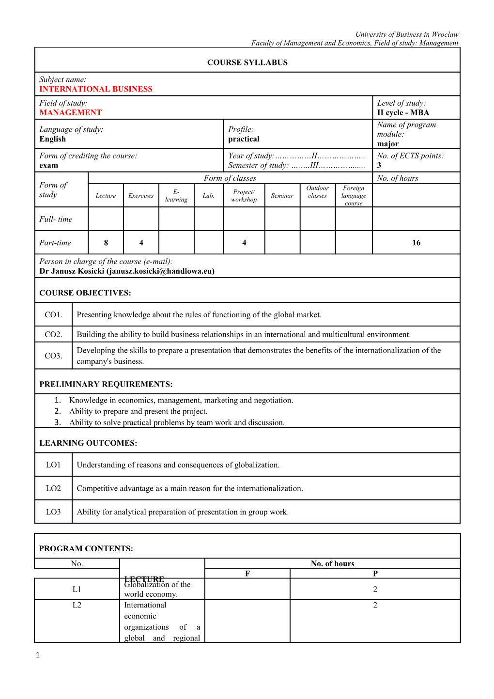 Faculty of Management and Economics, Field of Study: Management