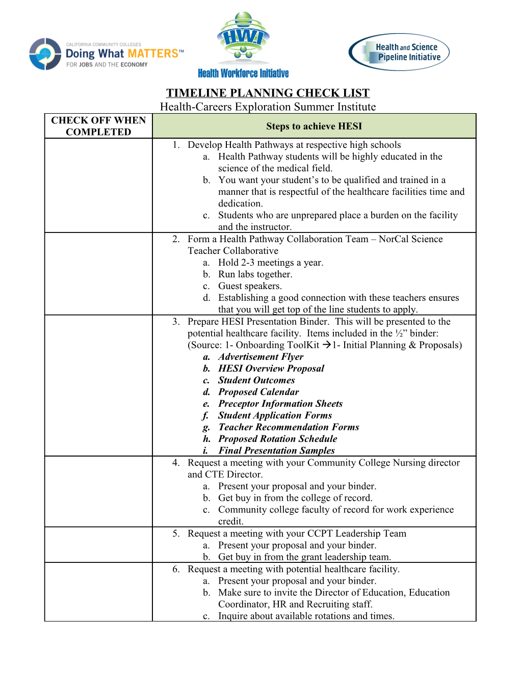 Timeline Planning Check List