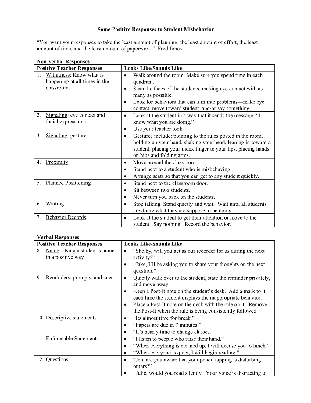 Some Positive Responses to Student Misbehavior