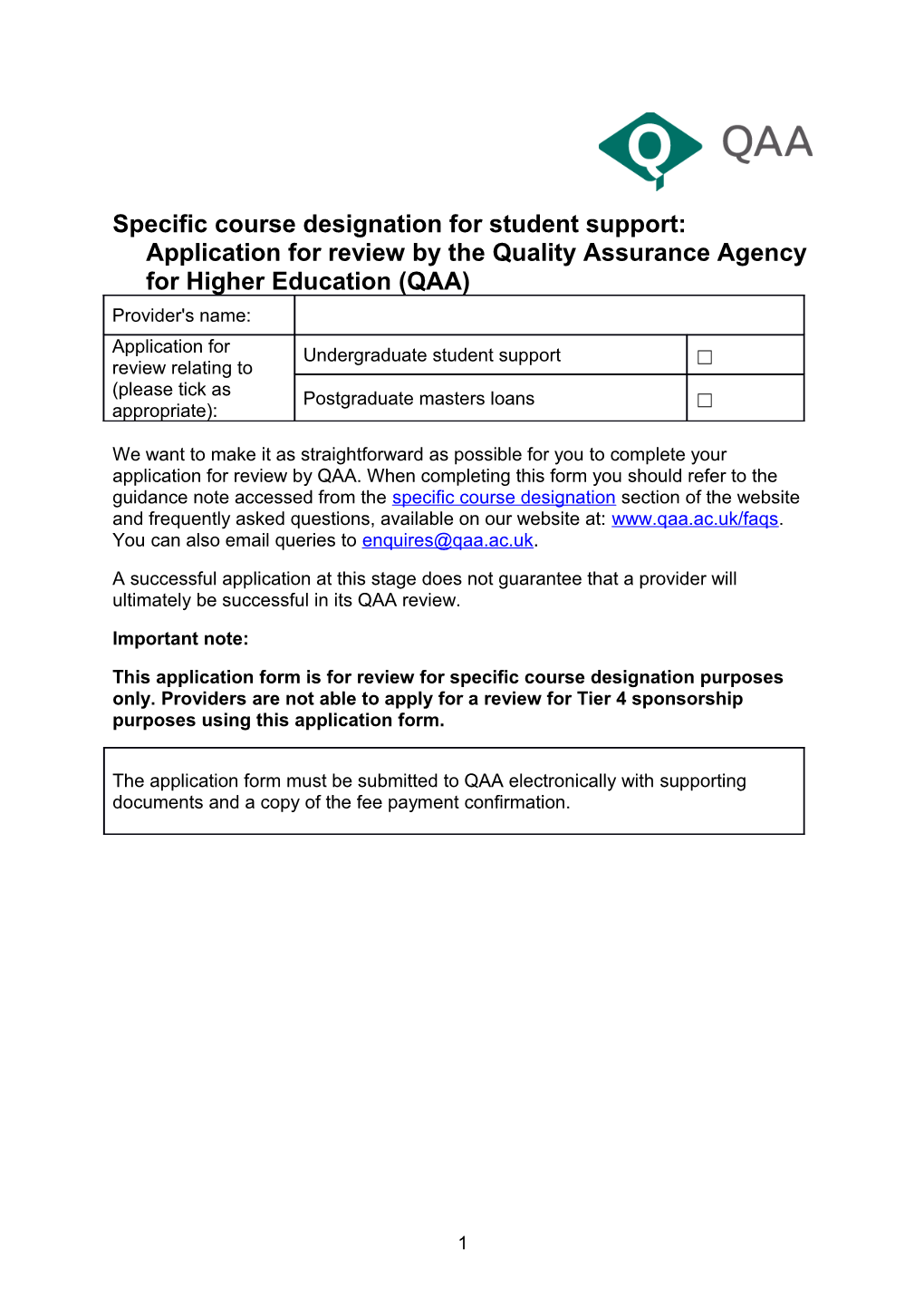 Specific Course Designation for Student Support: Application for Review by the Quality