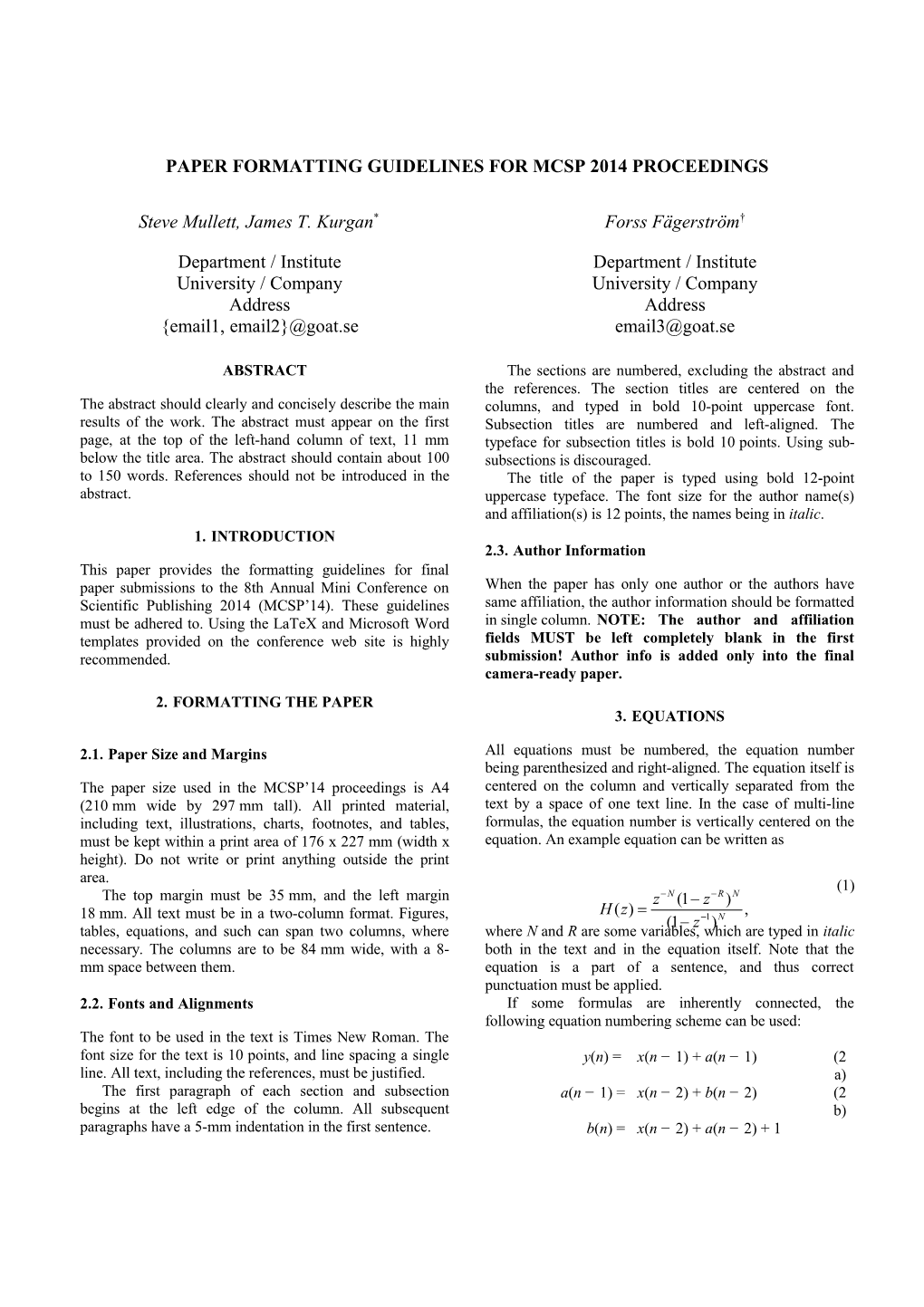 Paper Formatting Guidelines for MCSP'10 Proceedings