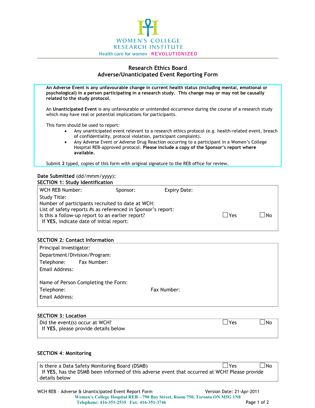 Adverse/Unanticipated Event Reporting Form