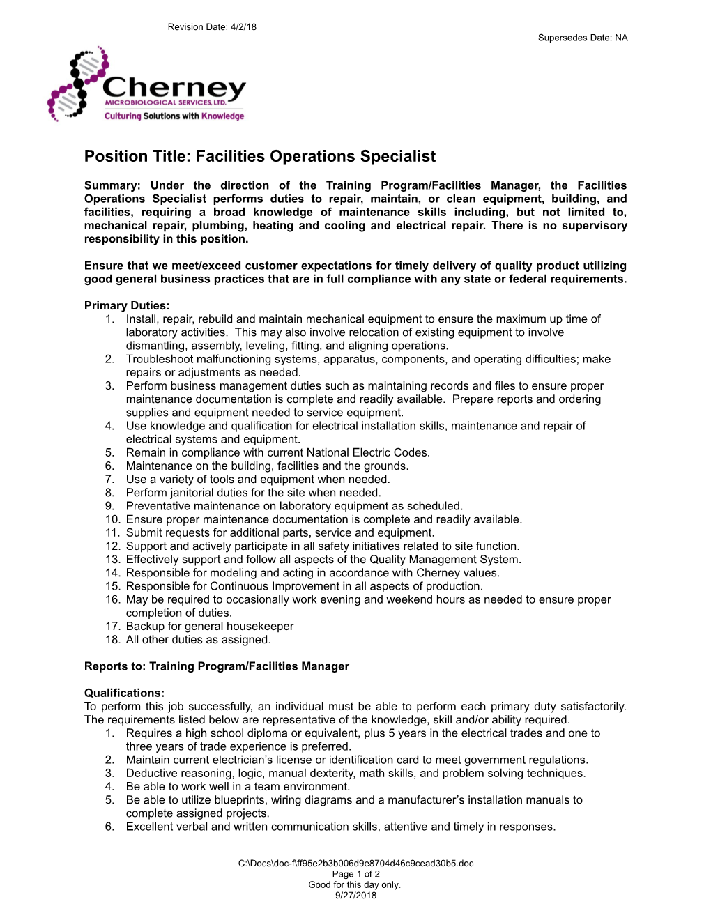 Position Title:Facilities Operations Specialist