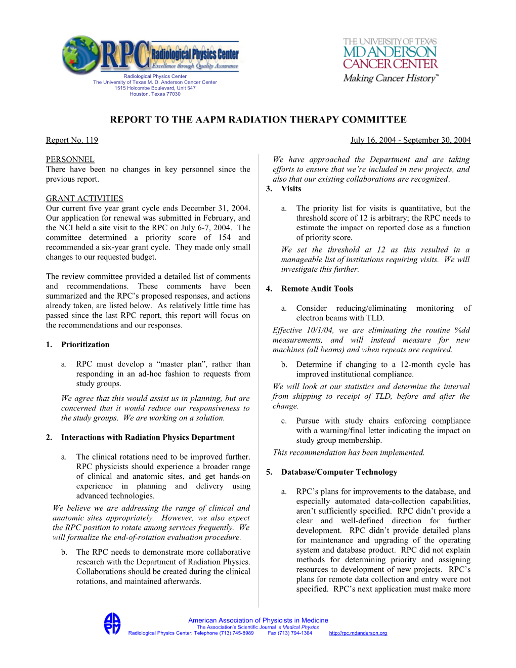 Report to Aapm Radiation Therapy Committee