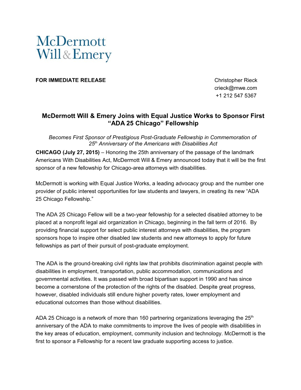 Mcdermott Will & Emery Joins with Equal Justice Works to Sponsor First ADA 25 Chicago