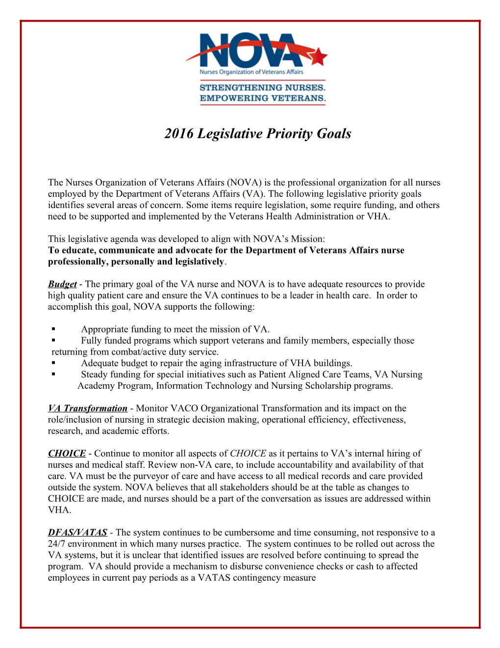 2016 Legislative Priority Goals