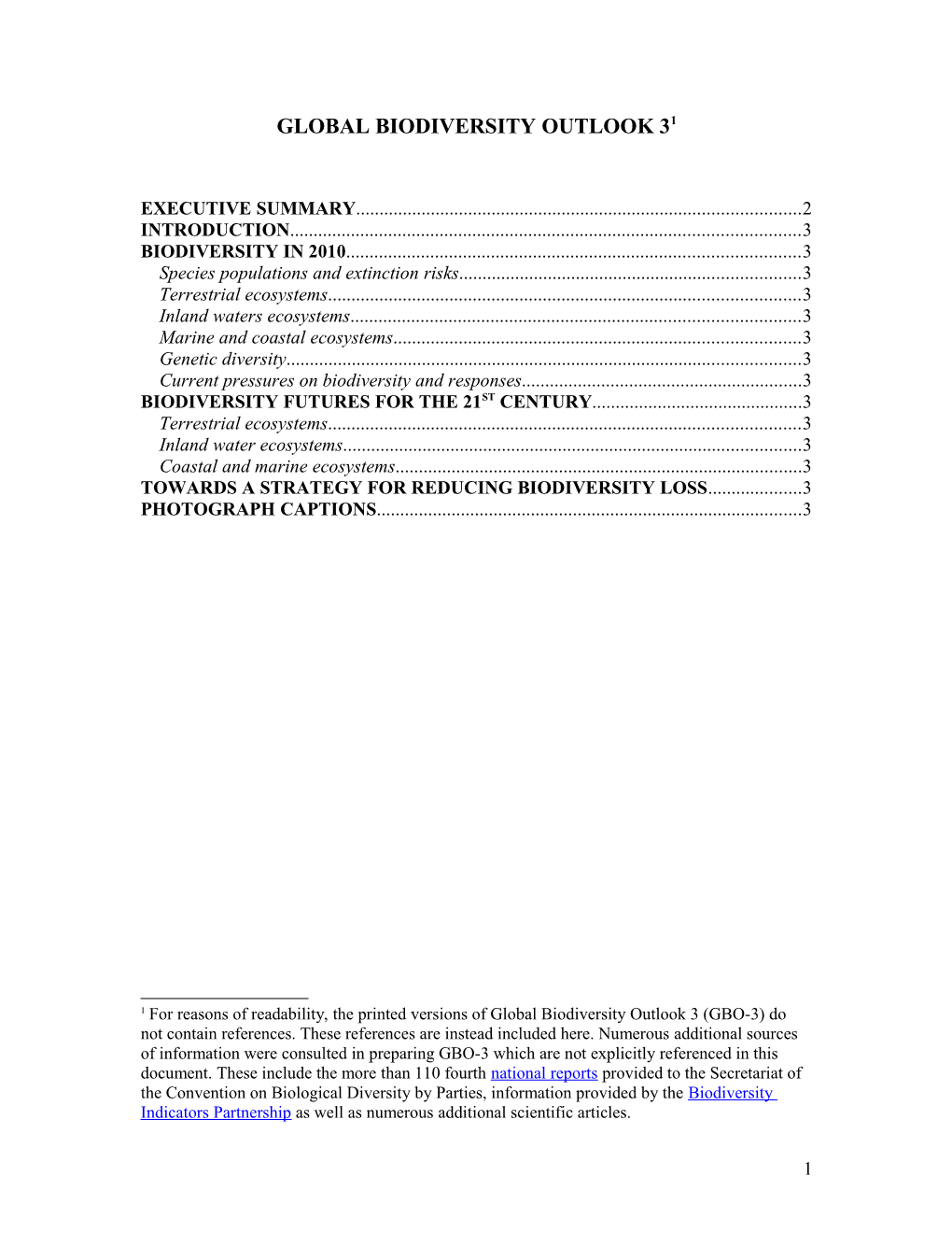 Global Biodiversity Outlook 3, Concise Draft, October 2009