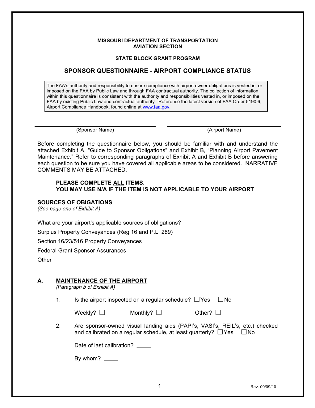 Sponsor Questionnaire - Airport Compliance Status