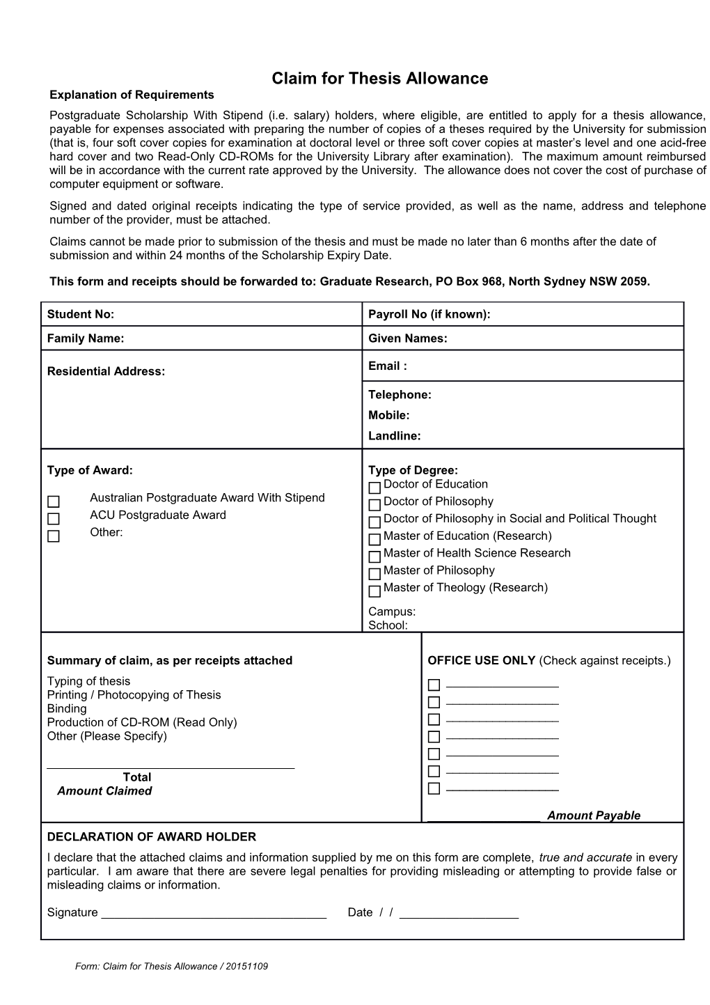 Claim for Thesis Allowance