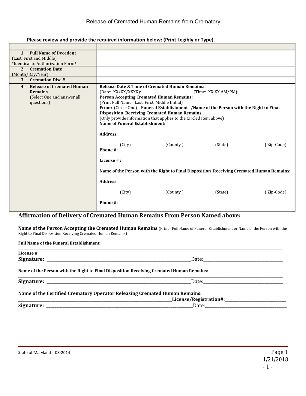 Receipt of Human Remains from Crematory