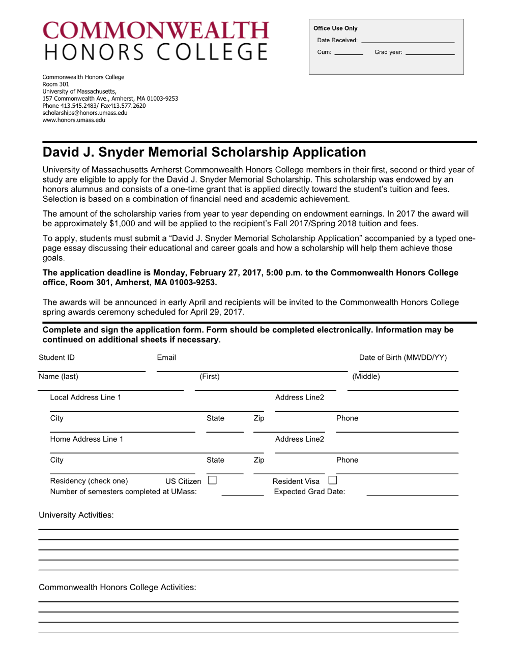 David J. Snyder Memorial Scholarship Application