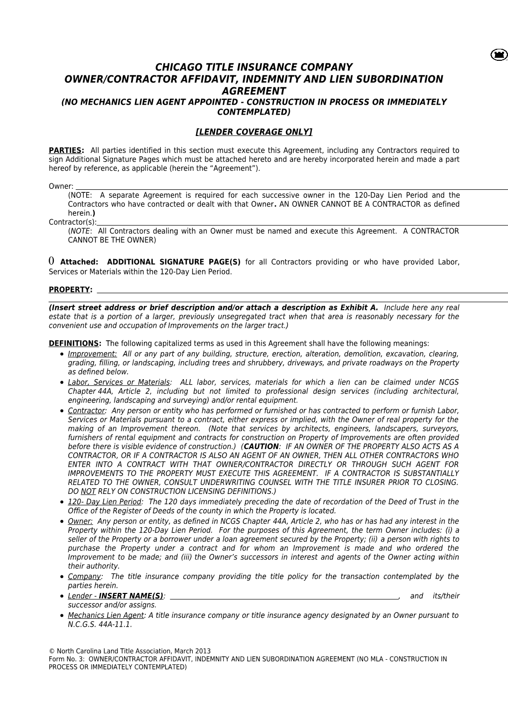 Owner-Contractor Affidavit Indemnity & Subordination Agreement