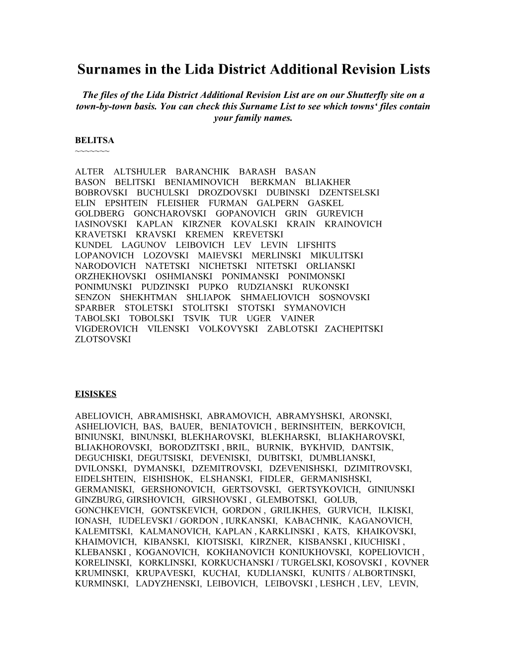 Surnames in the Lida District Additional Revision Lists