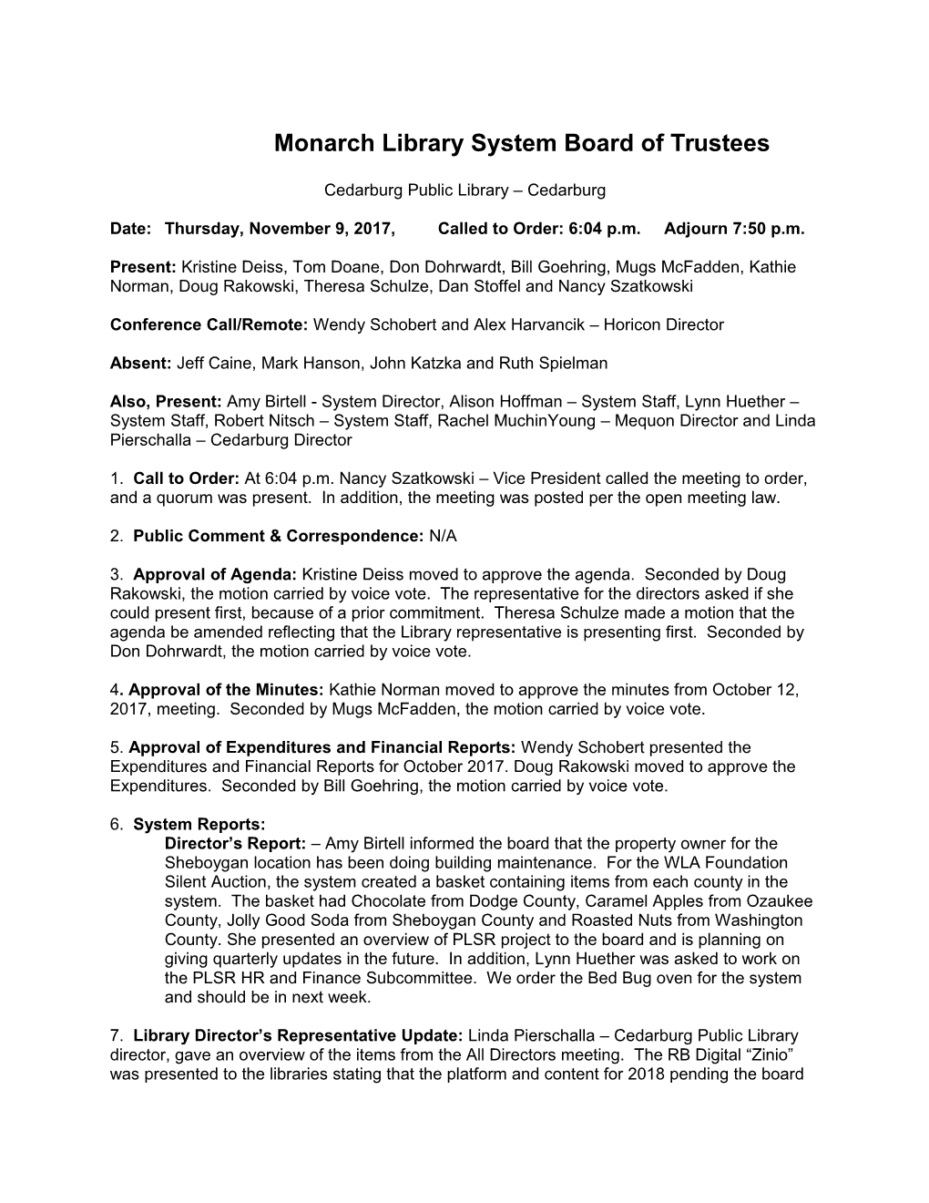 Monarch Library System Board of Trustees