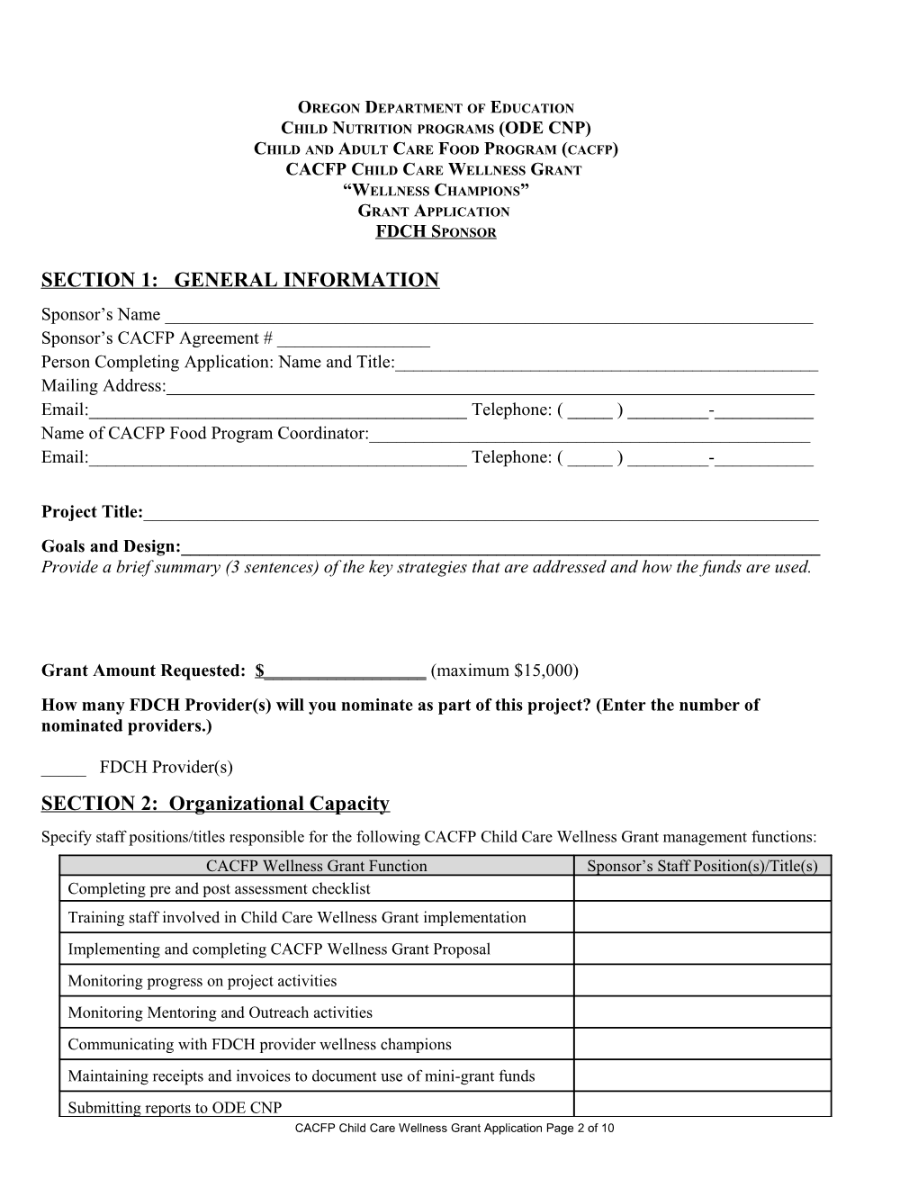 CACFP Child Care Wellness Grant Application Page 1 of 8