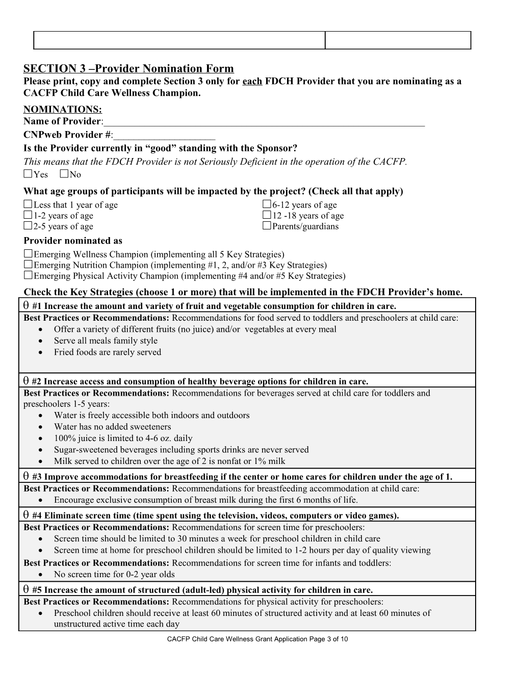 CACFP Child Care Wellness Grant Application Page 1 of 8