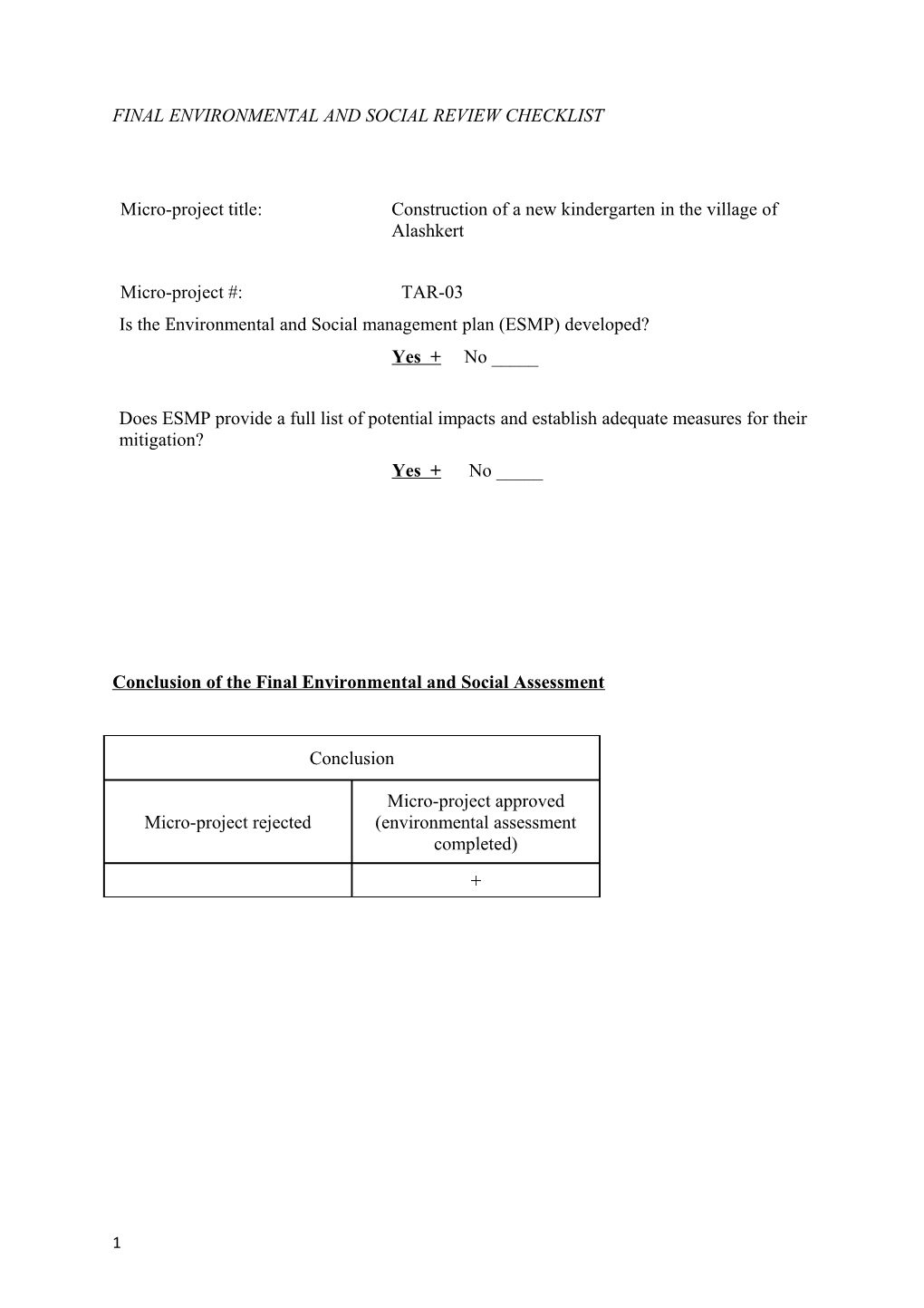 Final Environmental and Social Review Checklist