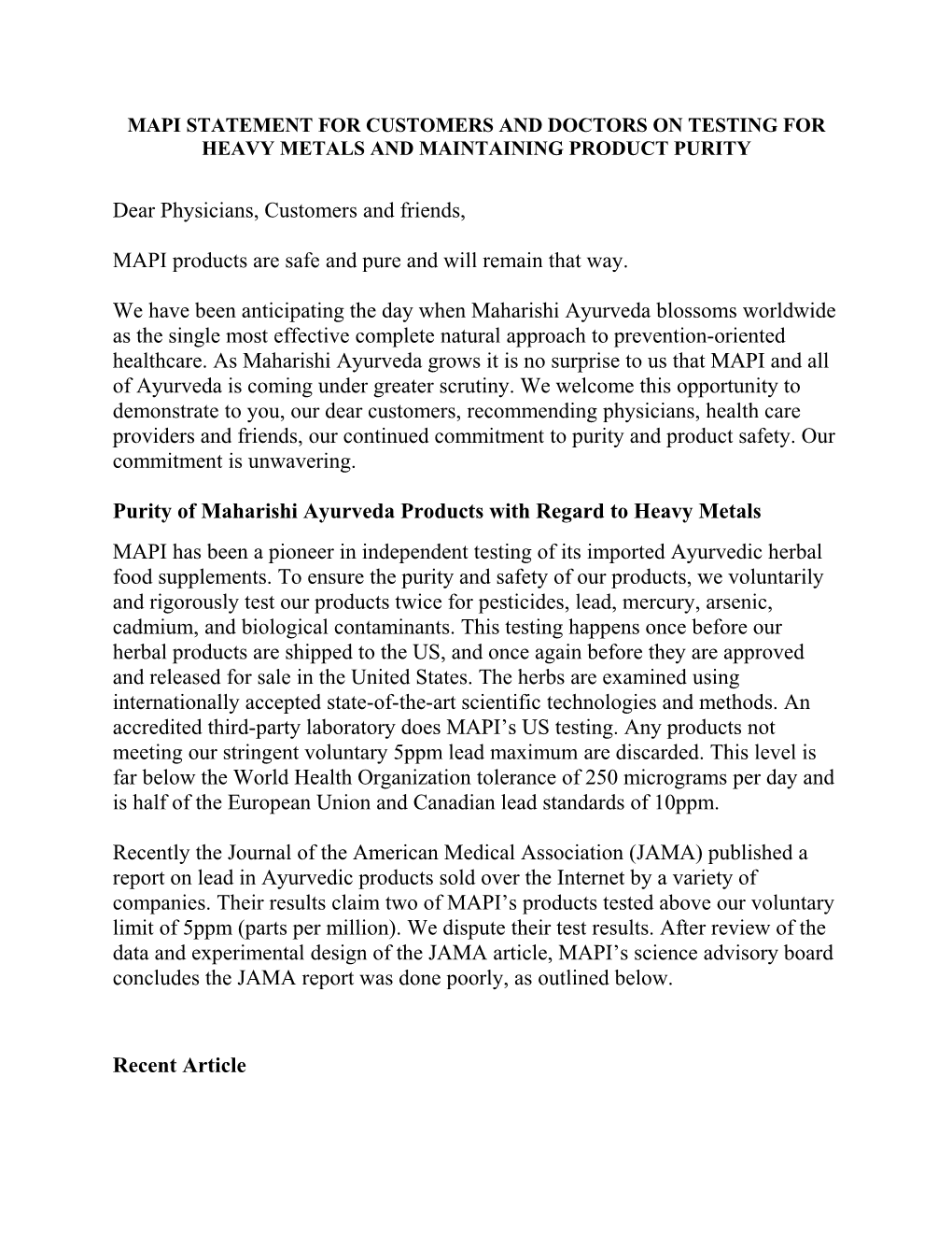 Mapi Statement for Customers and Doctors on Testing for Heavy Metals and Maintaining Product