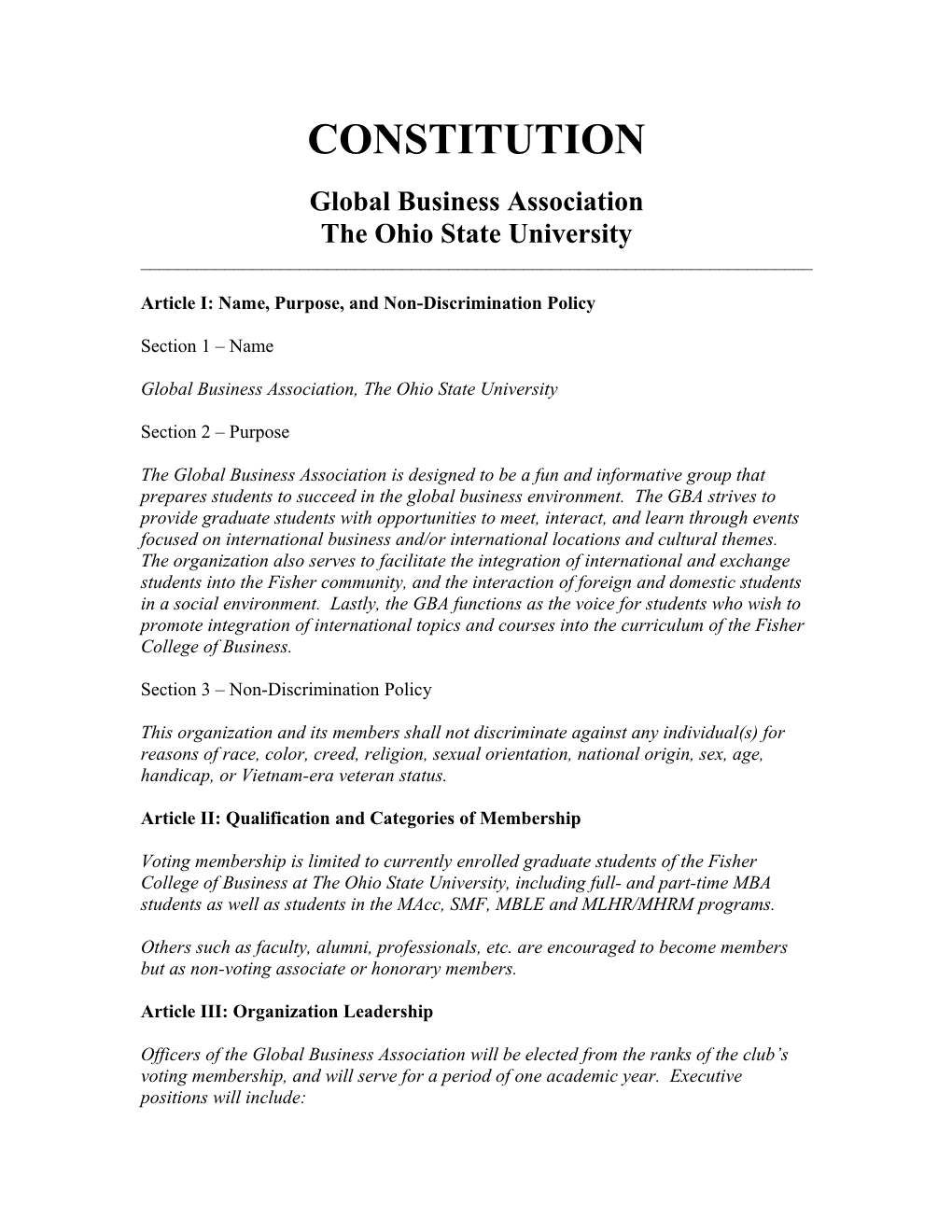Constitution and By-Laws Guidelines for Student Organizations