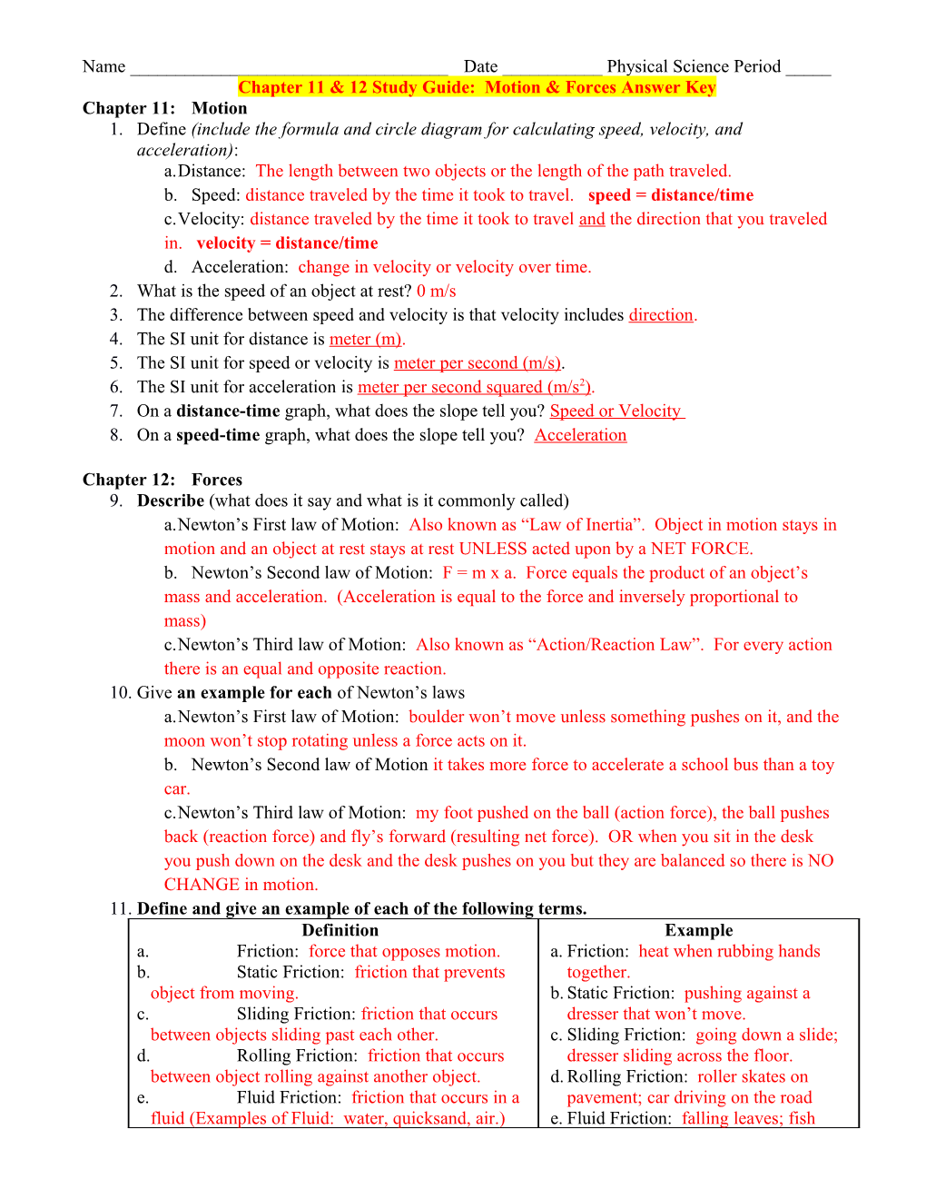 Chapter 11 & 12 Study Guide: Motion & Forces