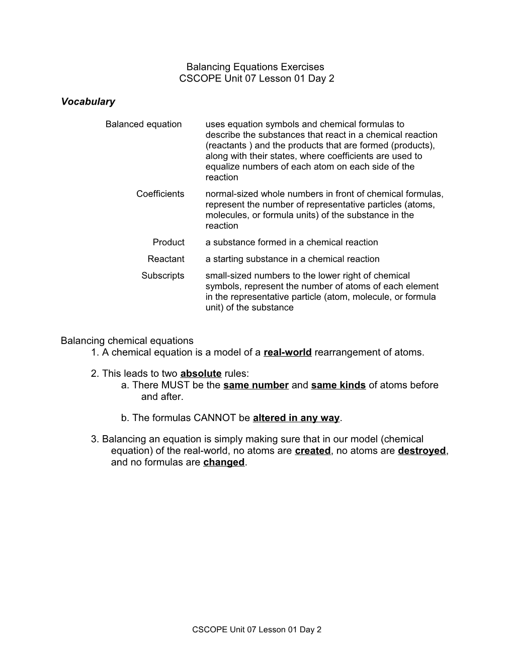 Unit 07 LS 01 Day 2 Balancing Equations Exercises